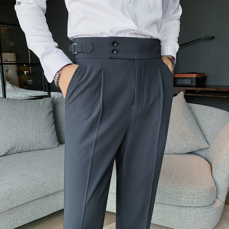 CINESSD    Fashion Solid Color Men's Casual Business Suit Pants  Belt Buttoned  Decoration Korean Version of Male Straight Trousers