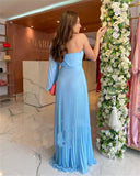 Prom Dresses  Cinessd Sunny Light Sky Blue Chiffon Evening Dress One Puffy Long Sleeves Slit Orange Simple Prom Dresses Plus Size Formal Gown
