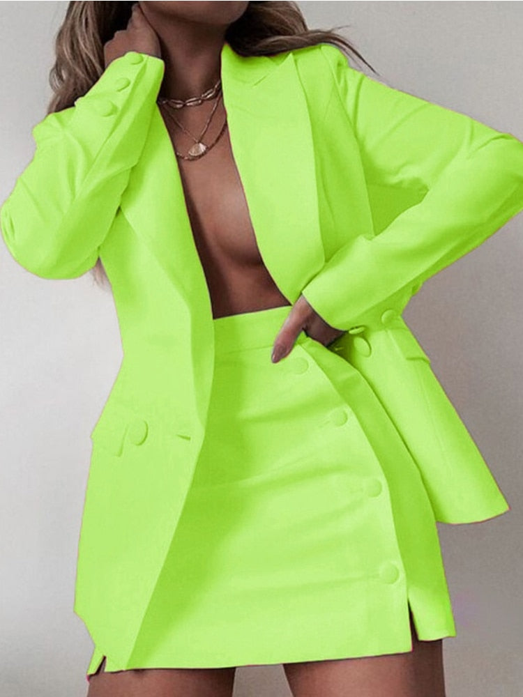 Cinessd  Fashion Casual Lapel Solid Color Double-Breasted Suit Mini Skirt 2 Piece Set Women Blazer And Skirt Set Office Lady Candy Colors