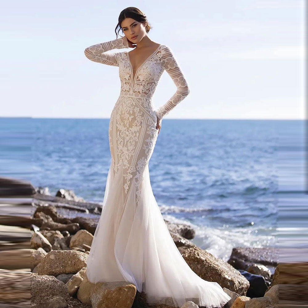 Cinessd Back to school outfit Romantic Mermaid Wedding Dresses Long Sleeve V-Neck Lace Appliques Sexy Open Back Tulle Bride Gown Sweep Train Vestidos De  Robe