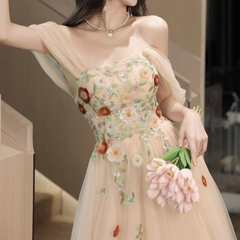 Cinessd -Elegant Embroidery Flowers Leaves Evening Dress Women Off The Shoulder Applique Formal Occasion Dresses Sweet Lace Up Prom Gown