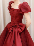 Cinessd -Amazing Detachable Sleeves Burgundy Prom Dresses Long Pleated Vestidos De Fiesta with Bowknot Elegant Women Formal Evening Gowns