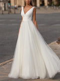 Cinessd  Elegant A-Line Wedding Dresses V-Neck Floor Length Tulle Regular Straps Plus Size With Appliques For Women