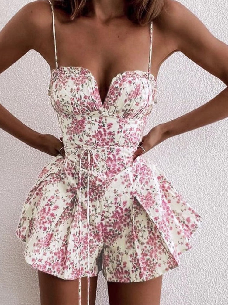 Cinessd  2023  Strap Cut Out Floral Print Skinny Bodysuits Women Ruched Backless Pleated Lace Up Lolita One Piece Rompers 2022 Summer