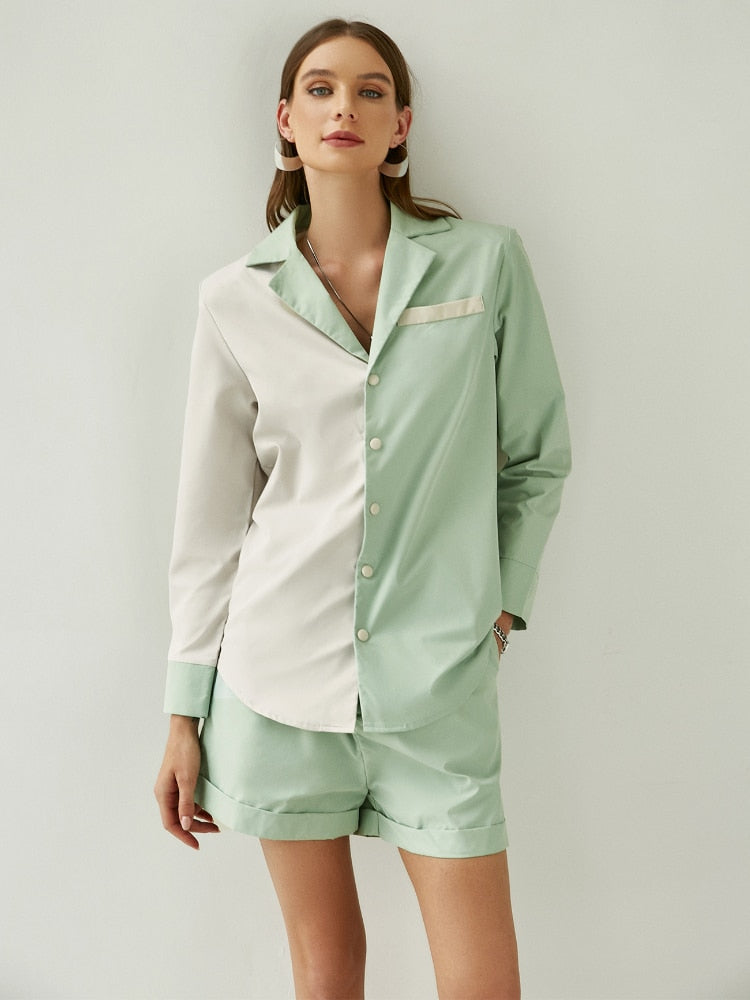 Cinessd  2022 Spring  Summer New Solid  Split Temperament Slim Green Shorts Commuter Long Sleeve Shirt Pant Set  Woman 2 Pieces Female