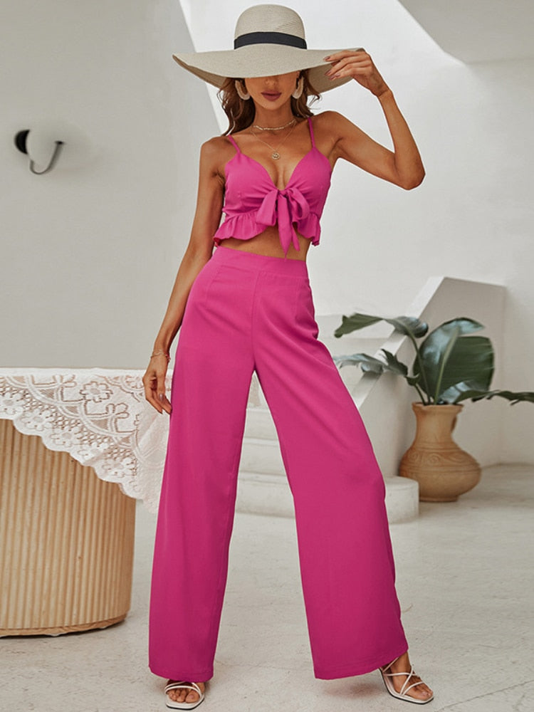 Cinessd  New Spring And Summer Rose Red Sling Tube Top Backless Sexy Blouse Women's High Waist Long Flared Pants Suit  Women Pants Set