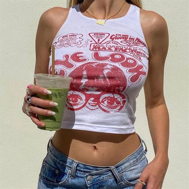 Cinessd Back to school outfit Streetwear Sexy Sleeveless Off-Shoulder Portrait Y2K Vintage Harajuku Round Neck High Waist Cropped Top T-Shirt Women's Clothing