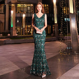 Cinessd   Green Evening Dresses Long Mermaid V-Neck Sequined Abendkleider Women Robe De Soiree
