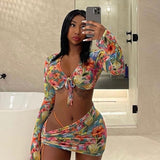 Cinessd  Lace Print Mesh Long Sleeve Crop Top Mini Skirts Two Piece Sets Beach Sexy Outfits For Woman Summer Matching Set With Underpants