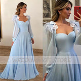 Cinessd Back to school outfit Feather Evening Dresses 2022 A-Line Sweetheart Backless Sexy Prom Gowns Sky Blue Flower Chiffon Party Dress Vestido De Fiesta