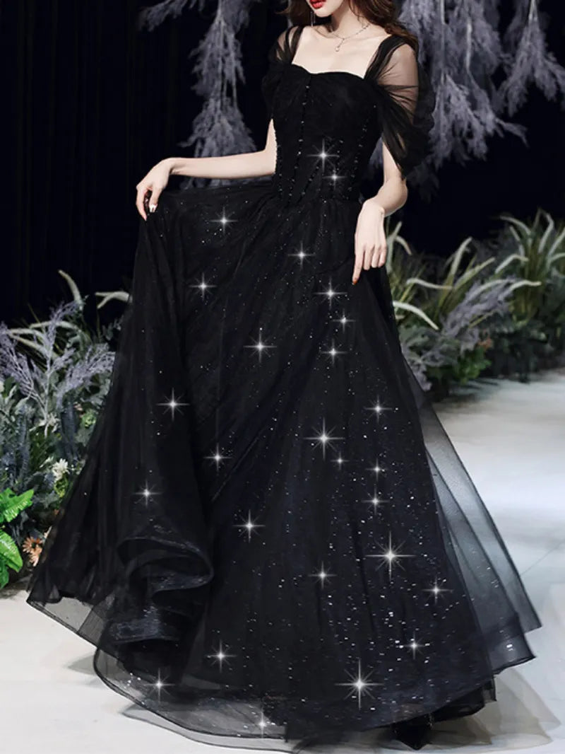 Cinessd - Black Square Collar Prom Party Dresses for Women Tulle Sleeve Shining Floor-Length Pageant Gown Back Bandage Slim Banquet Gown