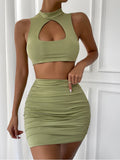 Cinessd  Two Piece Set Women Sexy Sleeveless Cut Out Cropped Tank Tops+High Waist Ruched Mini Skirts Outfits 2022 Summer Lolita Clothes