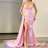 Pink Pageant Gowns 2022 V-Neck Sequin Beaded Elegant Mermaid Evening Dresses Pleat Side Split Sexy Satin Long Formal Party Dress