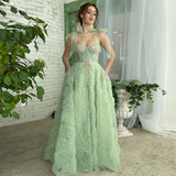 Cinessd  Gorgeous Green Long Tiered Ruffles Prom Dresses Embroidery Lace Appliques Beading Bow Straps Evening Dress With Pockets