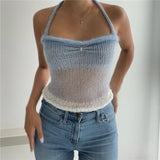 Cinessd  Gradient Knitted Sexi Camis Mohair Y2K Summer Hollow Out Cute Halter Backless Tank Streetwear 90S Girls Crop Top