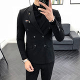 CINESSD     Men Double Breasted Two Piece Suit Coat Set Slim Fashion New Business Casual Jacket British Style Wedding Dress Blazers Pants