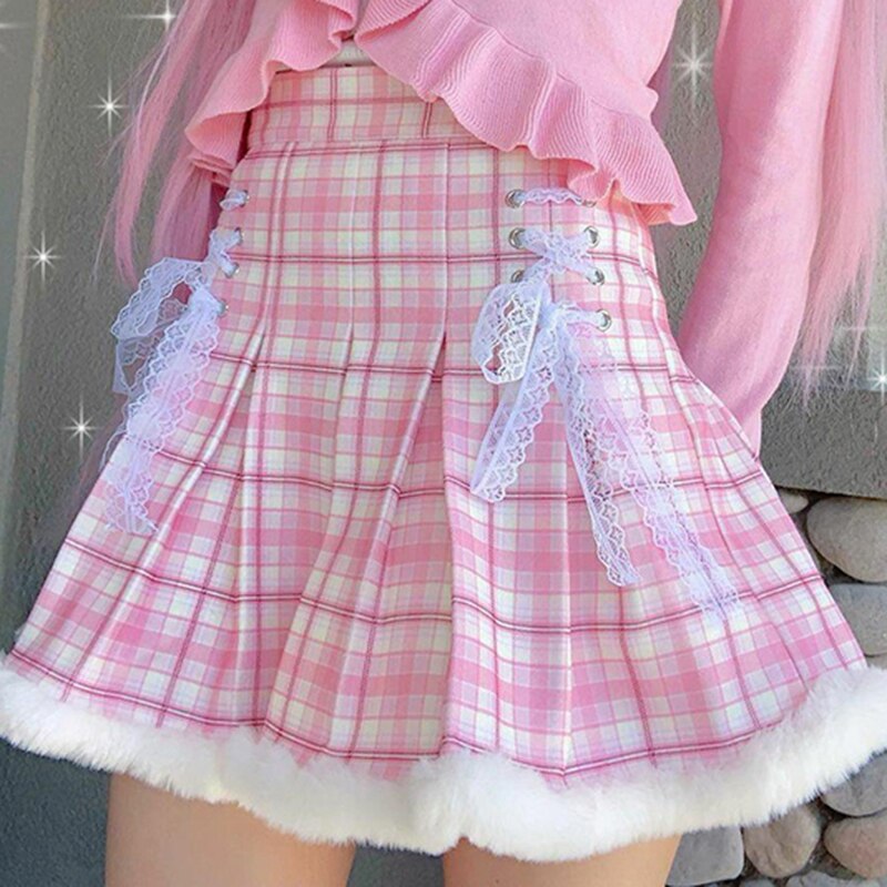 Cinessd Kawaii Plaid Mini Skirts Y2K Aesthetic High-Waisted Lace Up Lolita Style Pleated Skirts Harajuku Grunge Mall Goth Clothes Women