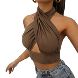 Cinessd Back to school outfit Women Summer Tank Tops Sexy Solid Color Cross Halter Neck Push Up Hollow Crop Tops 2022 New Fashion