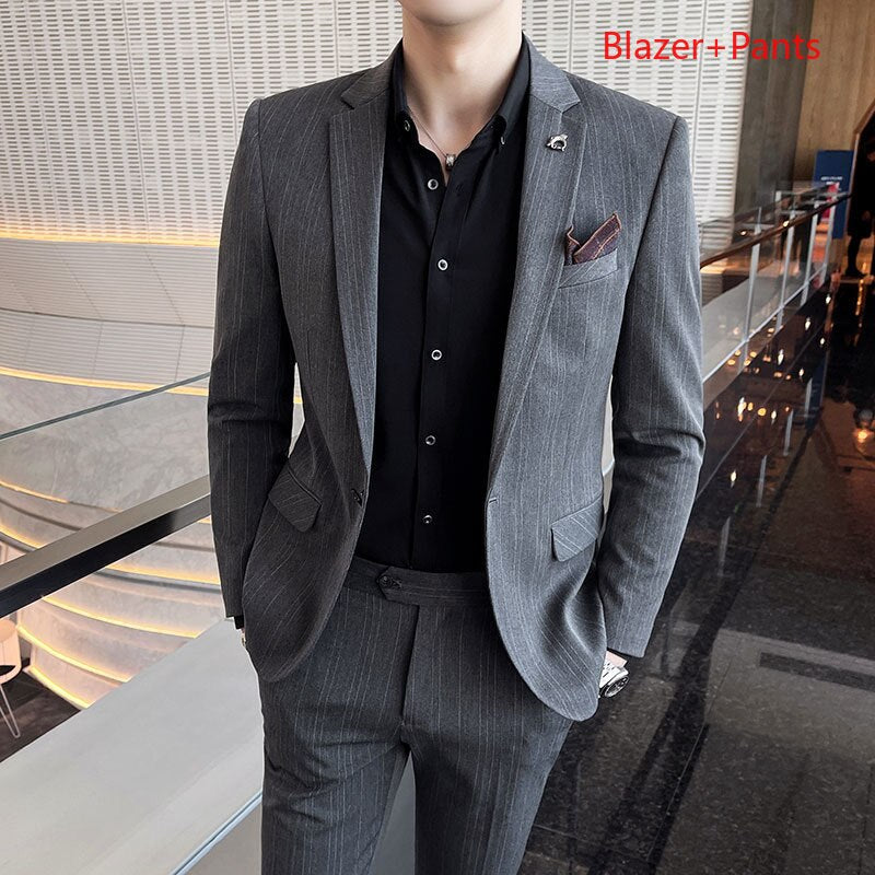 CINESSD     ( Blazer + Pants ) High End Brand Plaid Men's Casual Formal Office Business Suit Groom Wedding Dress Slim Suit Jacket Trousers