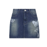 Cinessd  Low Waist Denim Mini Skirts Womens Harajuku Butterfly Print Y2K Kawaii Fairycore Grunge Vintage Jean Skirt Summer