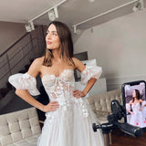 Cinessd Back to school outfit Off The Shoulder Tulle Wedding Dress 2022 Separate Sleeves Lace Appliques Beach Boho Bride For Women Custom Made  Robe De Mariee
