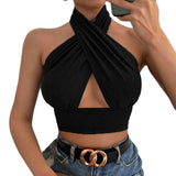 Cinessd Back to school outfit Women Summer Tank Tops Sexy Solid Color Cross Halter Neck Push Up Hollow Crop Tops 2022 New Fashion