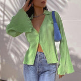 Cinessd  Green Single Breasted V Neck Casual Tops & Blouses Women Button Up Flare Long Sleeve Elegant Autumn Cardigan Shirts