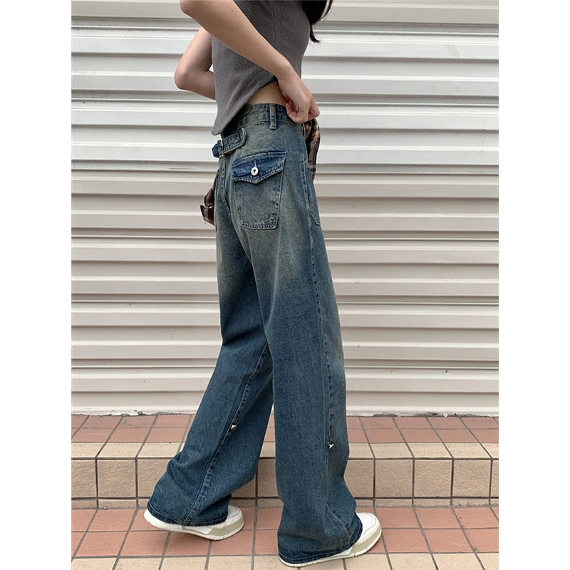 Cinessd Back to school outfit Blue Women's Straight Jeans High Waist American Style Streetwear Vintage Pants Chic Design Casual Ladies Denim Wide Leg Trouser