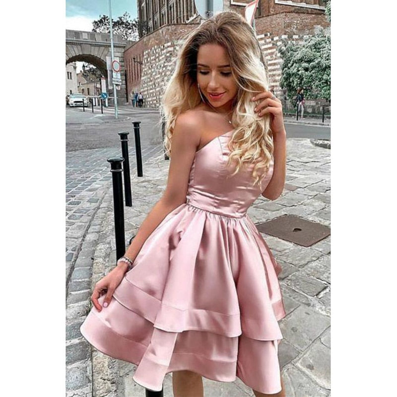 Cindssd  Pink Prom Dresses Short Mini One Shoulder Two Layers Homecoming Dress A Line Simple Tiered Evening Party Gown Empired Waist
