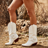 Cinessd  Croc Print White Cowboy Mid Calf Boots Autumn Slip On Metal Chain Roman Style Casual Ridding Boots Shoes