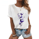 Cinessd  fashion series pastoral print white T-shirt women's round neck soft top short sleeve  shirt