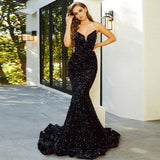 Cinessd Back to school outfit Sequin Evening Dresses Black Sexy Strapless V-Neck Luxury Ball Gowns 2022 Elegant Mermaid Sleeveless Floor Length Party Dress
