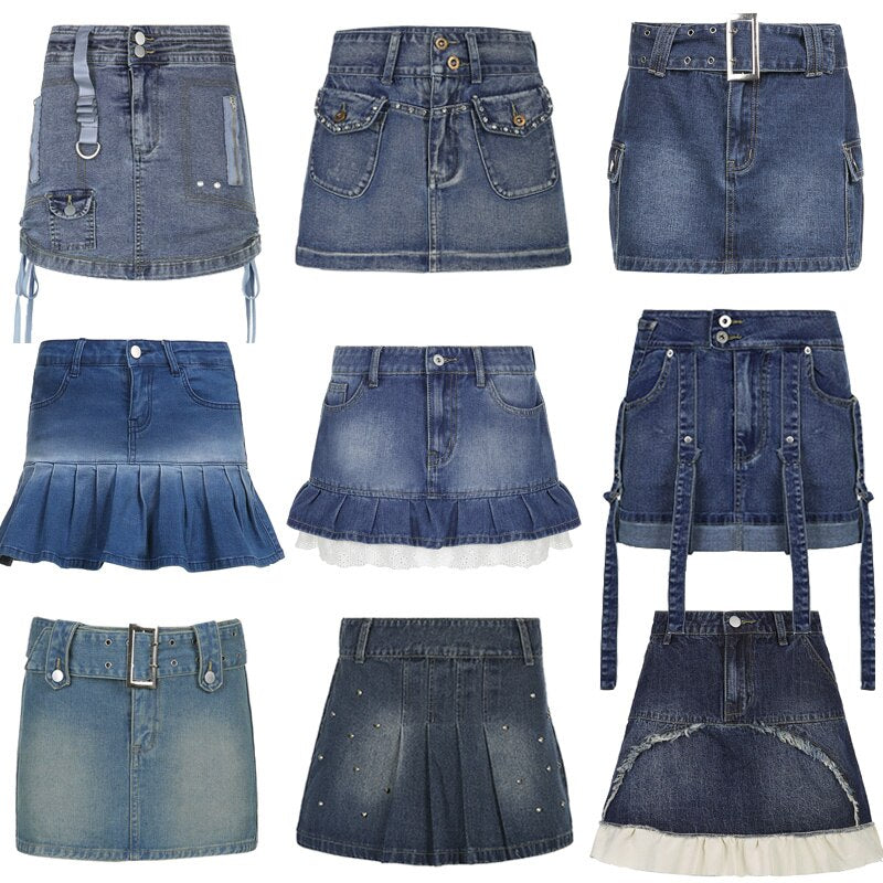 Back to school  Korean Kawaii Denim Pleated Skirt Y2K Prepply Vintage High Waist Ruffles Jeans Mini Skirt E-girl Harajuku Grunge Punk Streetwear