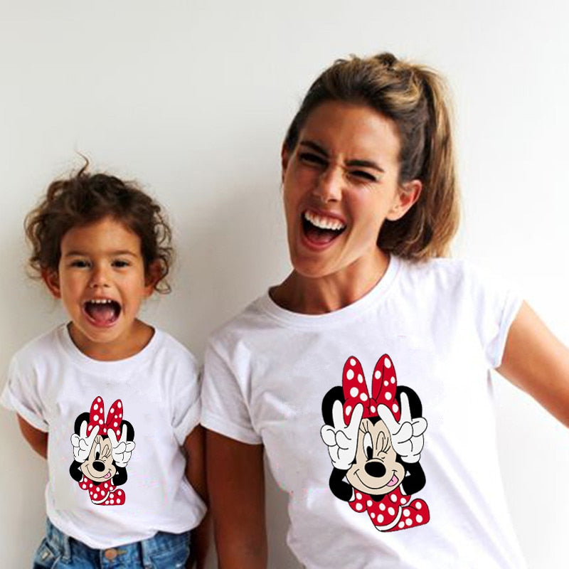 Cinessd  New Mother Kids Tshirts Funny Minnie Mouse Family Matching Outfits Summer White Short Sleeve Mother Daughter Matching Clothes