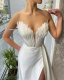 Cinessd     Off Shoulder Feather Evening Dresses Women Large Hem Slit Dress Fashion Lady Party Club Maxi Celebrity Wedding Party Dress