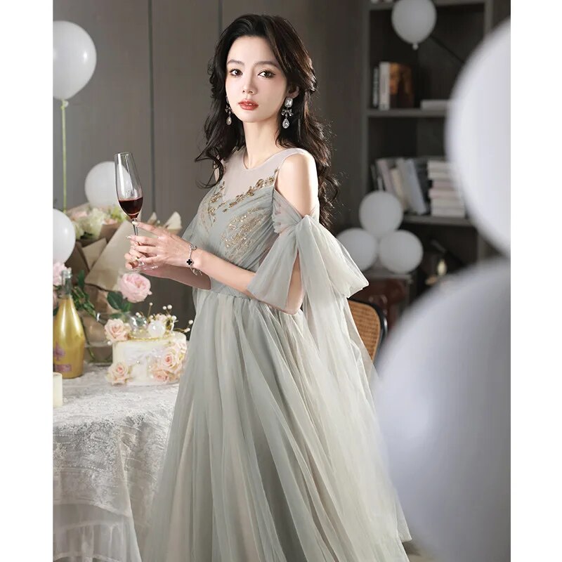Cinessd -Green Gray Bridesmaid Dresses Illusion O-neck Applique Elegant Long A-Line Banquet Female Host Cocktail Party Prom Gowns 2023