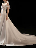 Cinessd  Elegant Long A-Line Wedding Dresses Off Shoulder Court Train Satin Sleeveless Simple Luxurious With Pockets
