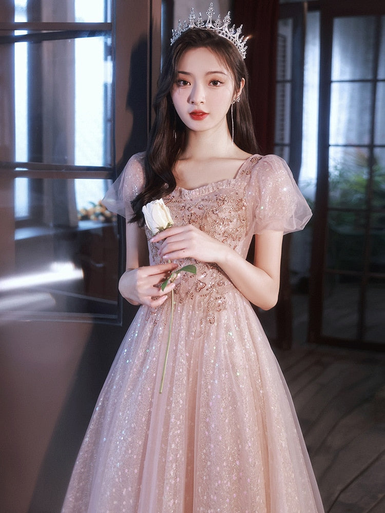 Cinessd   Pink Women's Prom Dress Beading Sequins Puff Sleeve Slim A-Line Banquet Party Dresses Elegant Floor-Length Formal Gowns Female