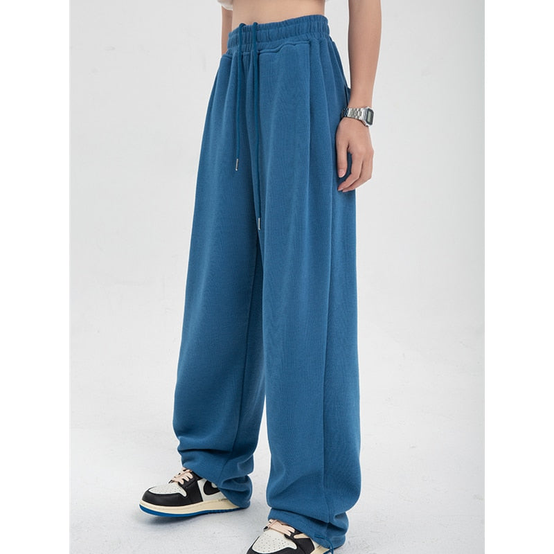 Cinessd  Woman's Sports Pants High Waist 2022 Summer Blue Wide Leg Trouser Straight Baggy Streetwear Chic Design Drawstring Casual Pants