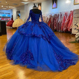 Cinessd Back To School Xijun Royal Blue Princess Ball Gown Quinceanera Dresses Sweet 16 Party Lace Applique Crystal Beading Long Sleeves Birthday Gown