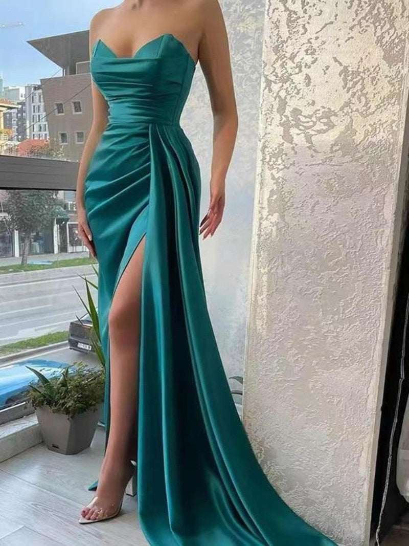 Cinessd  fashion inspo    Elegant Evening Party Dress for Women Long Green Banquet Robe Strapless Sleeveless Satin Cocktail Dress 2023 Celebrity Gowns