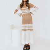Cinessd  Color Striped Hollow Out Knit Long Dress Women Summer Fall Long Sleeve Square Neck See Through Dress Y2K Bohemian Sexy Dresses
