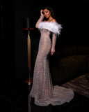 Cinessd  Luxury Feathers Sequined Mermaid Evening Dresses Long Sleeves Dubai Women Long Prom Gown Formal Party Dress 2022