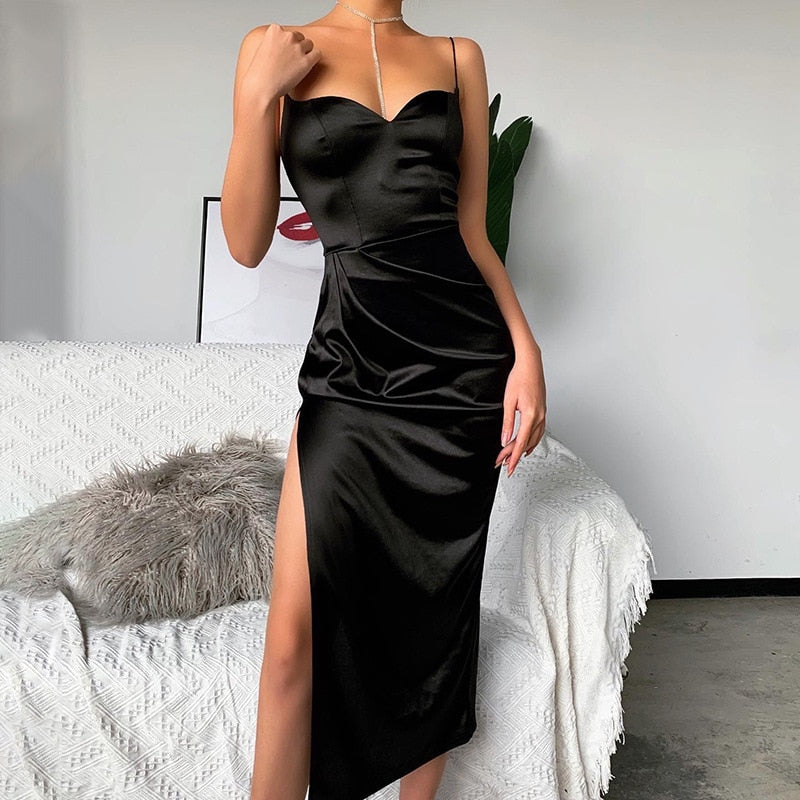 Cinessd  Sexy Black Satin Spaghetti Straps Low Cut Long Dress Women Summer Ruched Side High Split Maxi Dress Elegant Bodycon Party Club