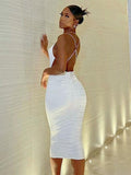 Cinessd Sexy Backless White Dresses For Women 2022 Chain Ruched Black Party Long Dress Female Solid Cami Bodycon Club Midi Dress