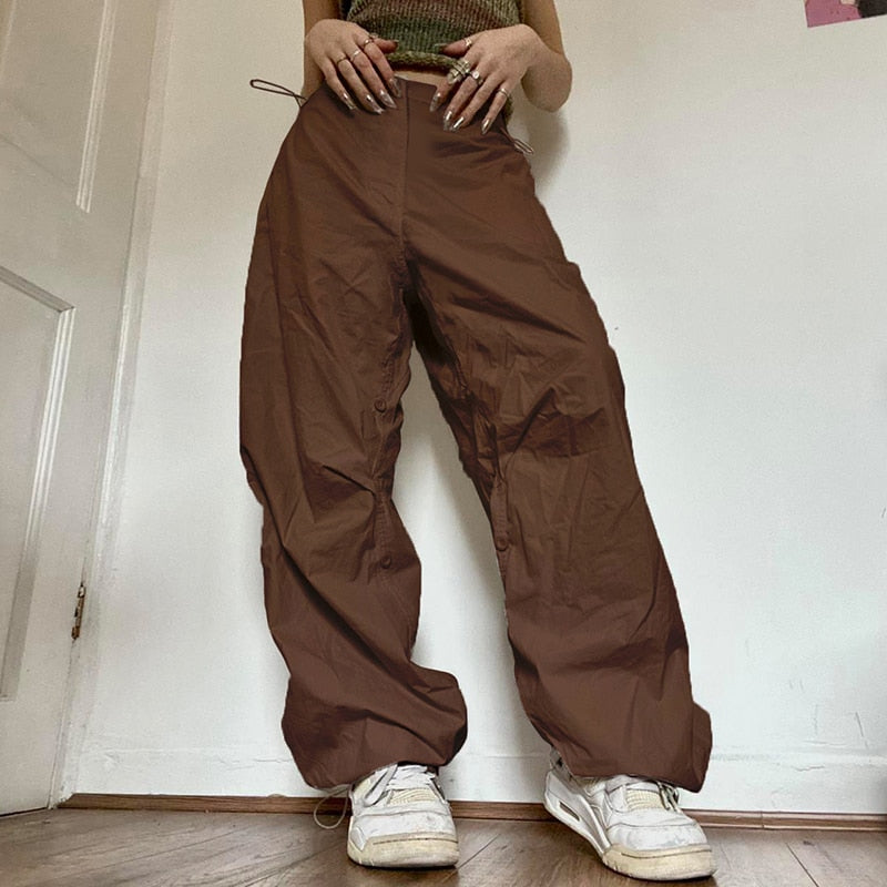 Cinessd  Drawstring Low Waist Wide Leg Cargo Pants Baggy Hippie Korean Trousers Women Pocket Casual Button Streetwear Bottoms