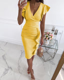 Cinessd Back to school outfit Sexy Women V-neck Pleated Slim Knee Length Pencil Dress Solid Ladies Sleeveless Midi Casual Elegant Pullover Bodycon Dresses