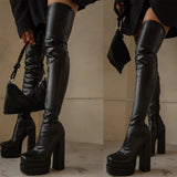Cinessd  Women Thigh High Boots Double Platform Block High Heels Over The Knee Boots Zip Sexy Long Shoes Boots For Woman