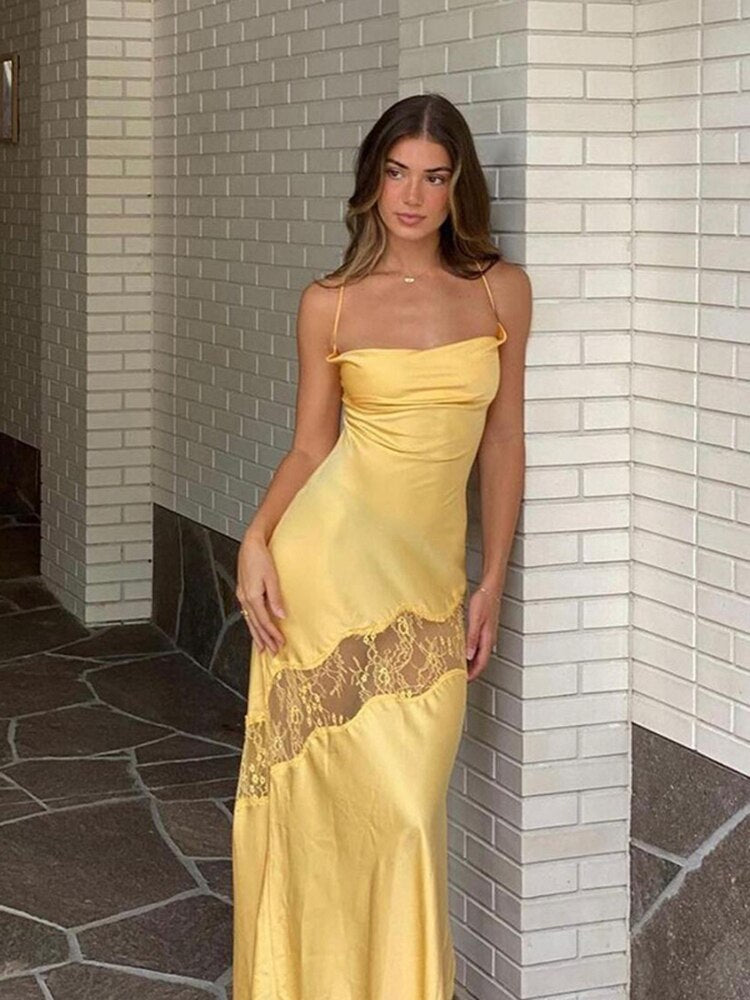 Cinessd  2022 Summer Elegant Sexy Slip Lace Maxi Dress For Women Party Club Split Fashion Spaghetti Strap Long Dresses Vestido