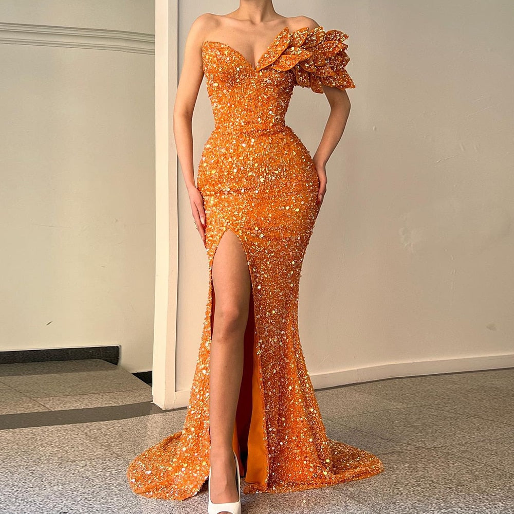 Cinessd Back to school outfit Sexy Evening Dresses 2022 Luxury Sparkle V-Neck Sequin Mermaid Pageant Dress Side Split Sleeveless Orange Simple Long Prom Gowns